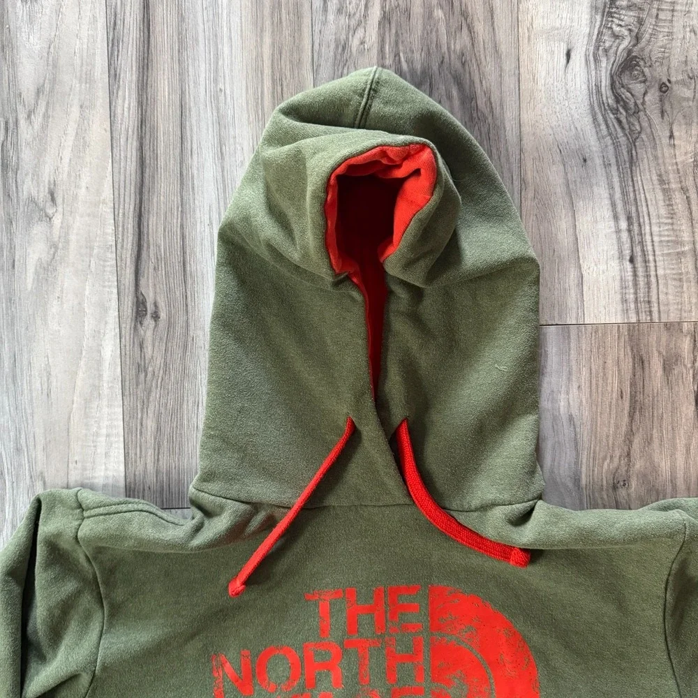 The North Face Hoodie Mens Olive Green Red Logo Pullover Hooded Sweatshirt Large